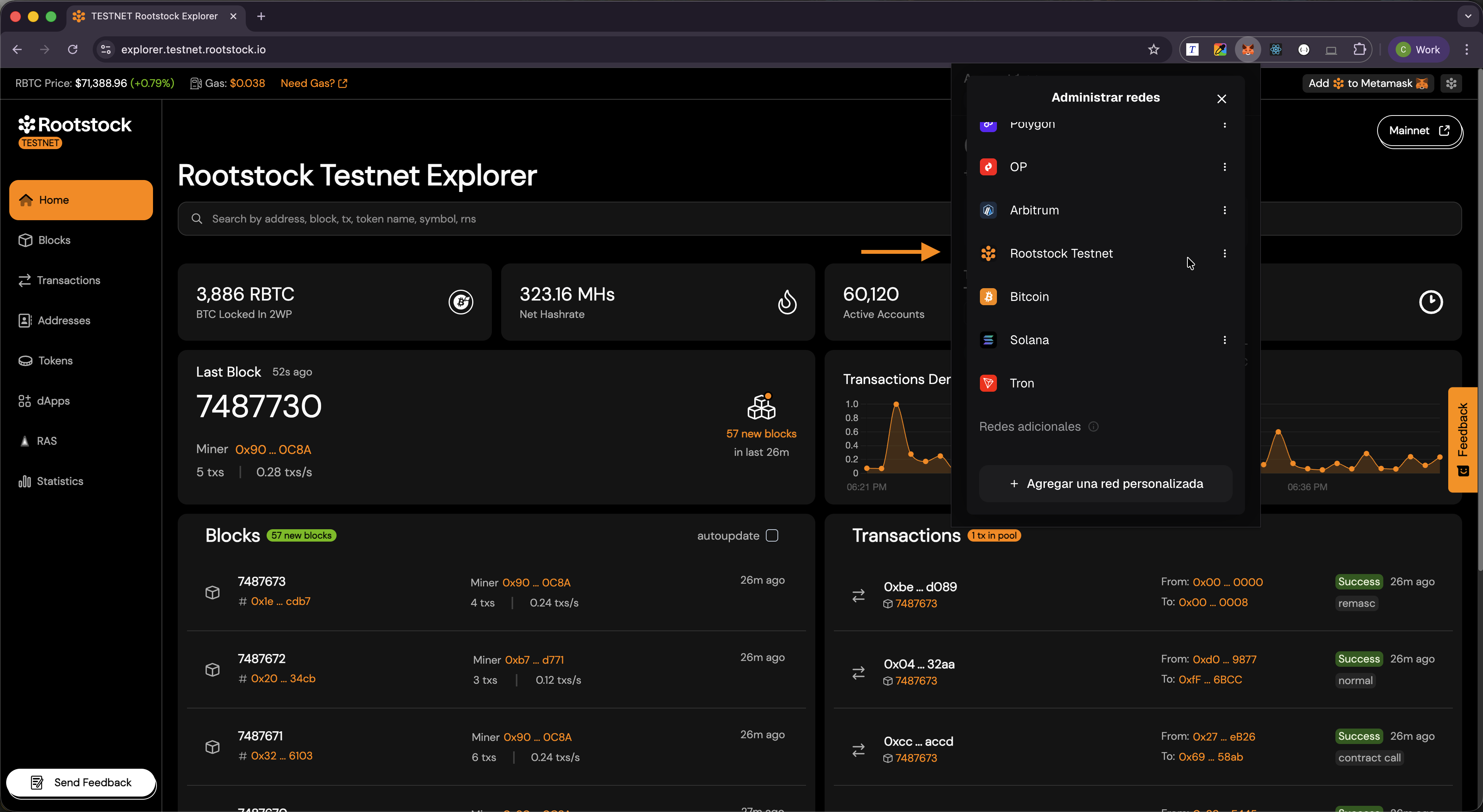 MetaMask network selector showing Rootstock network added and selected