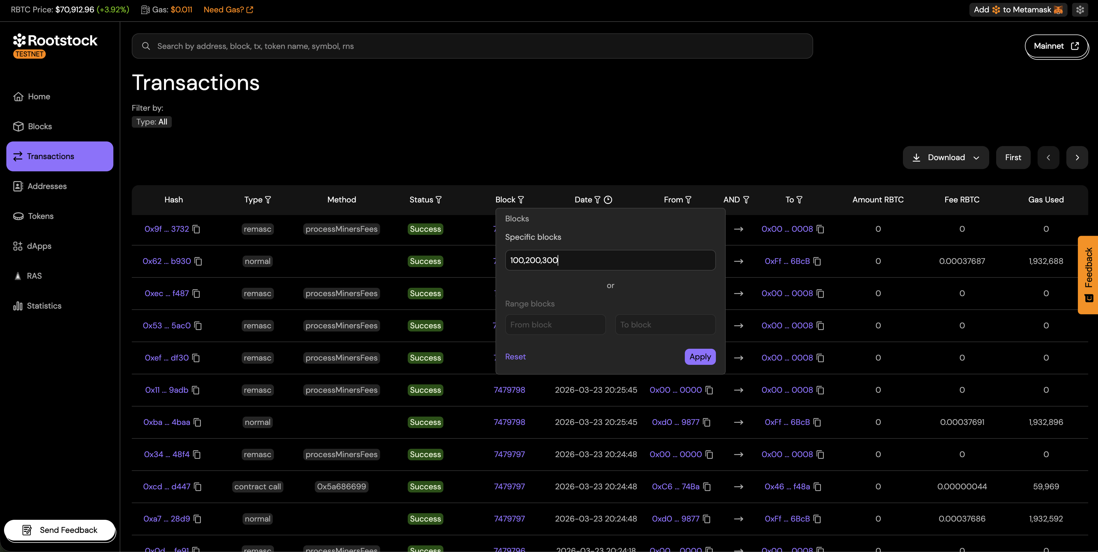 Advanced Transactions Filter: Specific Block